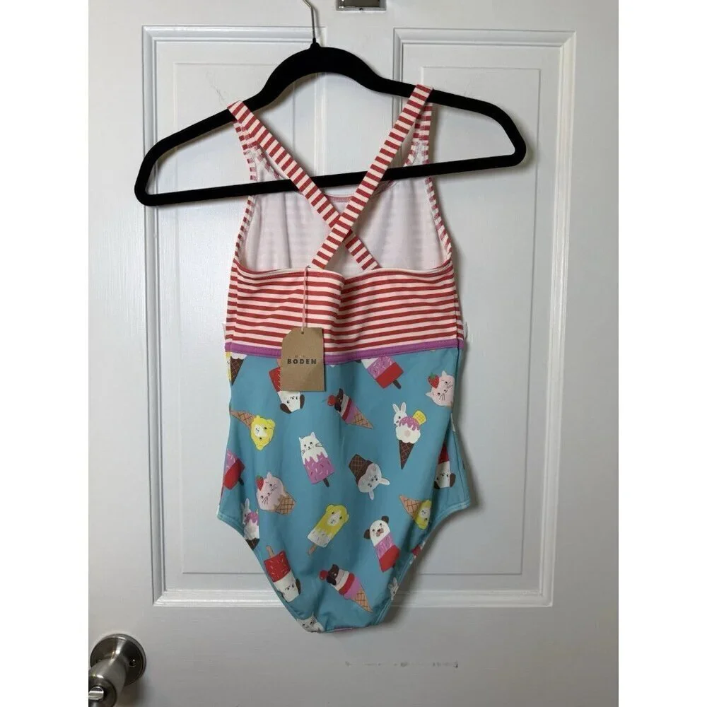 Mini Boden Hotchpotch Girls Swimsuit Stripes Ice Cream Animals Size 11-12Y NWT
